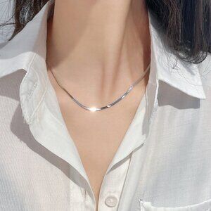 3/$35 Silver Herringbone Chain Necklace Stainless Steel Dainty Flat Snake Women